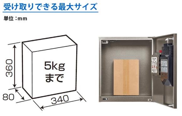 集合住宅用宅配ボックス コンボメゾン コンパクトタイプは重量約5KG、サイズ340×80×360(mm)の荷物を受け取り可能です。