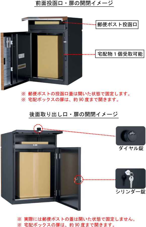 ヴィコDB 郵便ポストの投函口は開いた状態で固定します。宅配ボックスの扉は約90度まで開きます。