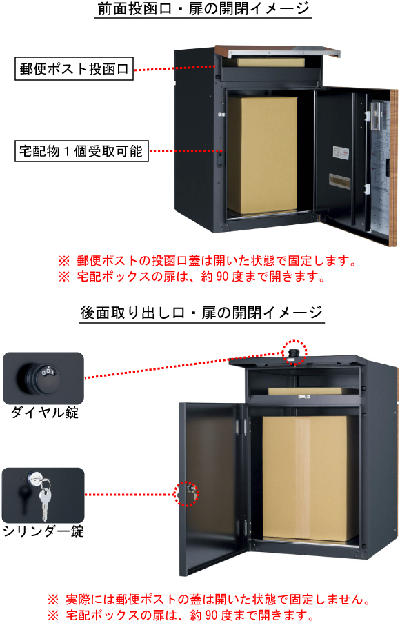 ヴィコDB 郵便ポストの投函口は開いた状態で固定します。宅配ボックスの扉は約90度まで開きます。